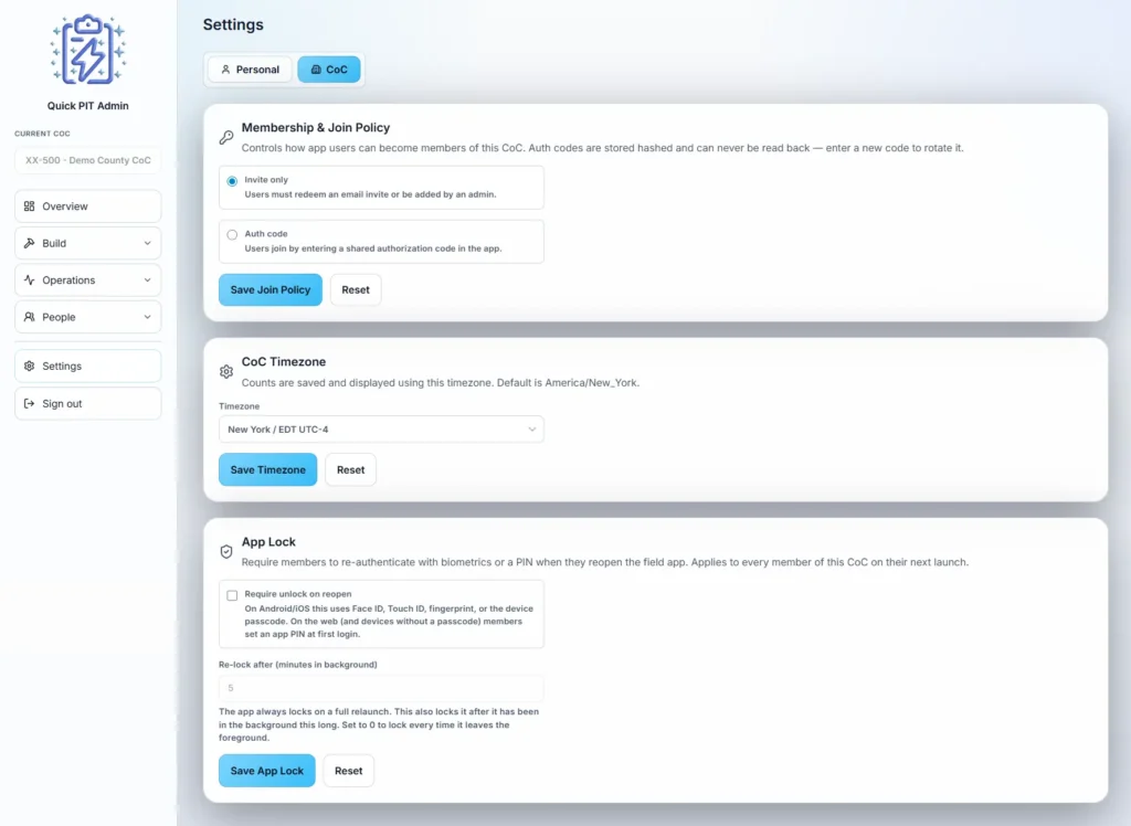CoC Settings Page in the Quick PIT Admin Dashboard Screenshot