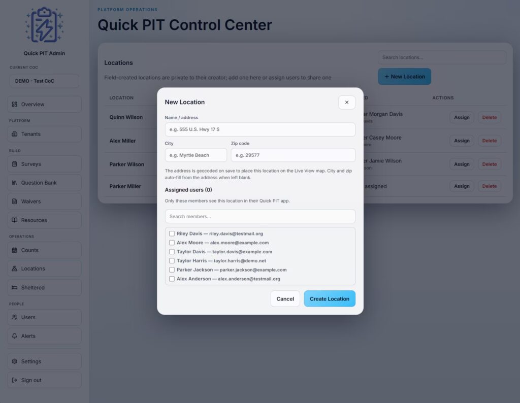 Add Location screenshot of the Quick PIT admin dashboard