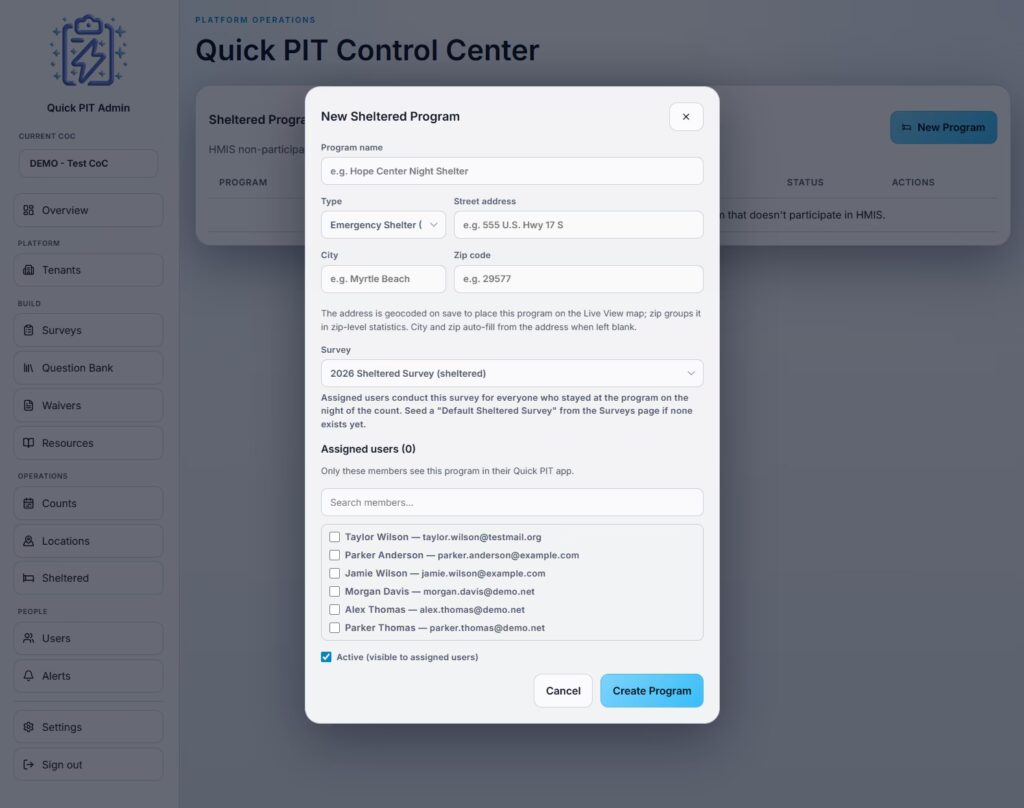 Sheltered Program configuration screenshot of the Quick PIT admin dashboard