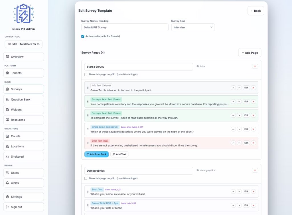 Survey Builder screenshot of the Quick PIT admin dashboard