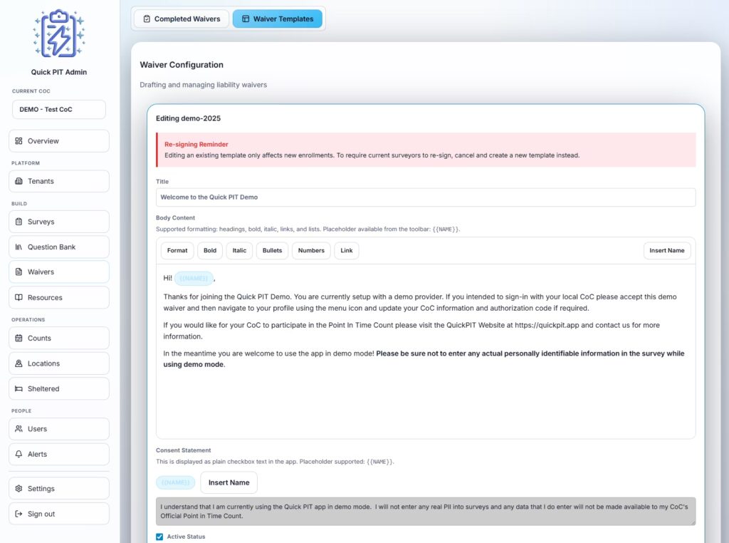 Waiver Template screenshot of the Quick PIT admin dashboard