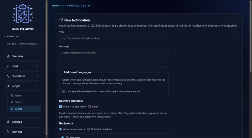 Notification composer with channels, audience, translations, scheduling, and history. Dark mode.