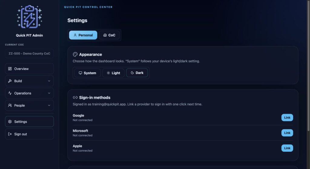 Personal appearance and account sign-in settings. Dark mode.