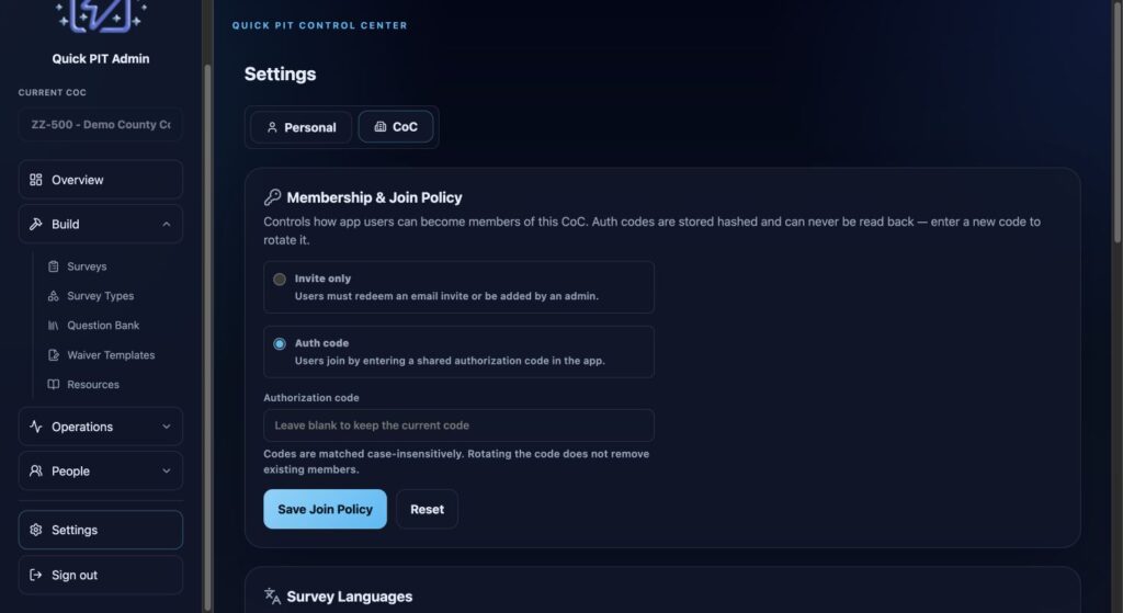 CoC settings for membership policy, survey languages, timezone, and app lock. Dark mode.