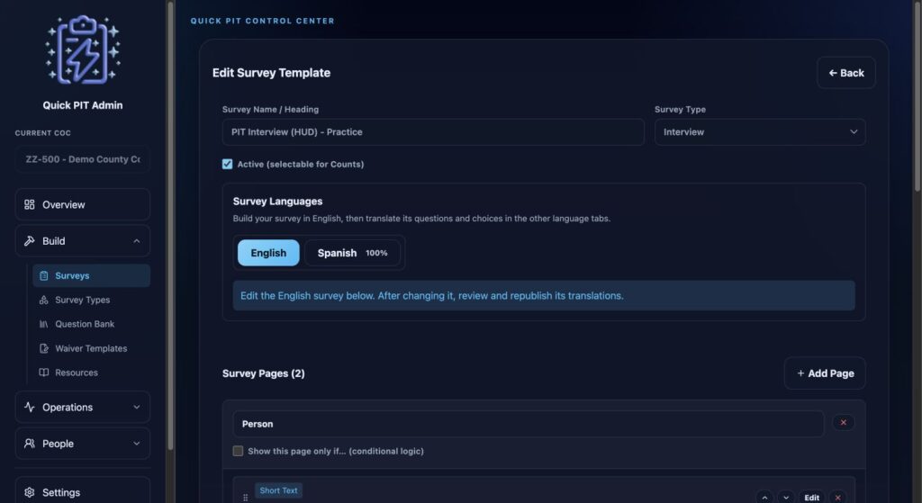 Survey builder with survey name, type, pages, questions, and Save Survey. Dark mode.