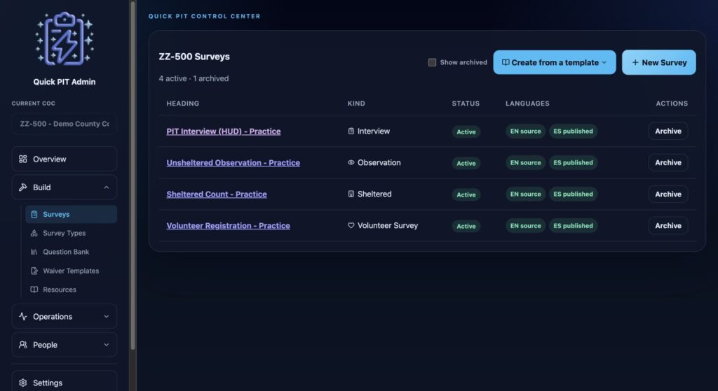 Survey list showing survey types and translation status. Dark mode.