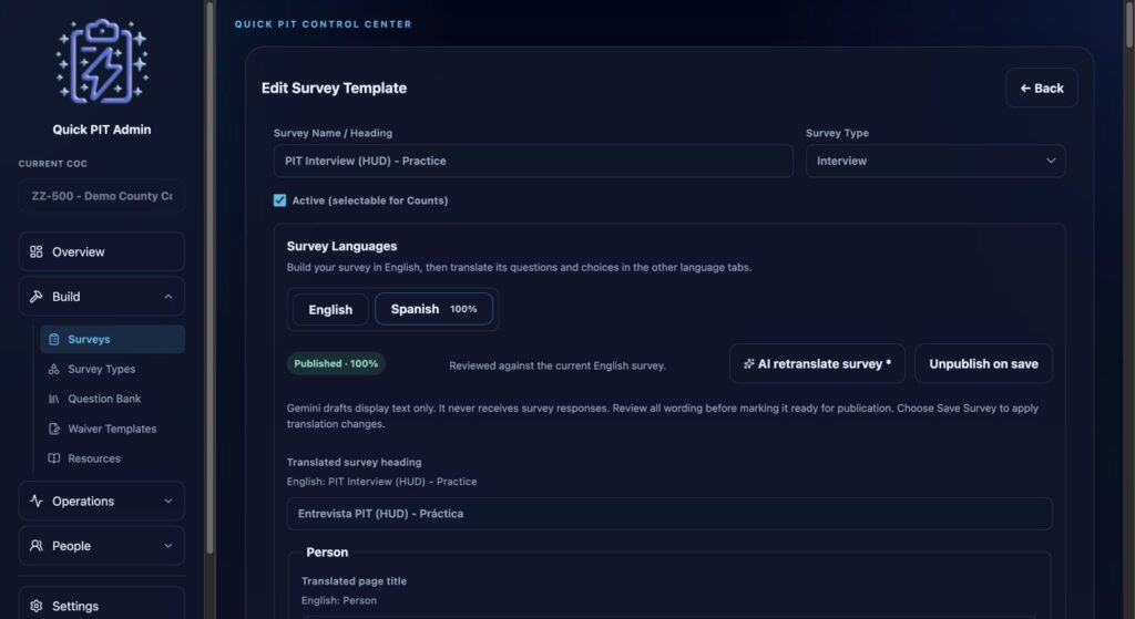 Spanish survey translation with review status and publication controls. Dark mode.