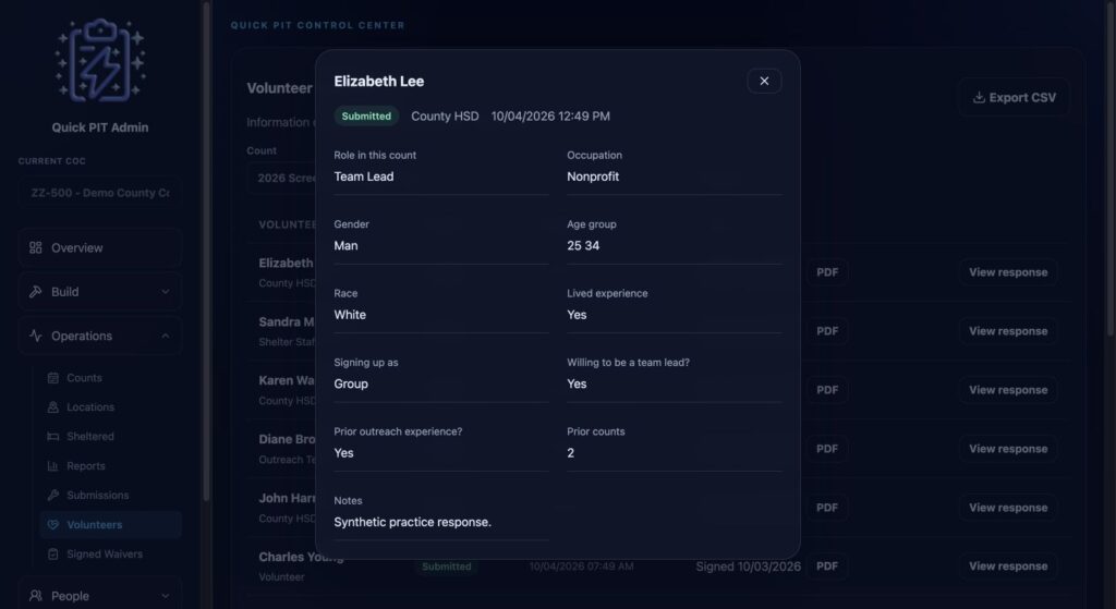 Volunteer response dialog showing complete answers. Dark mode.