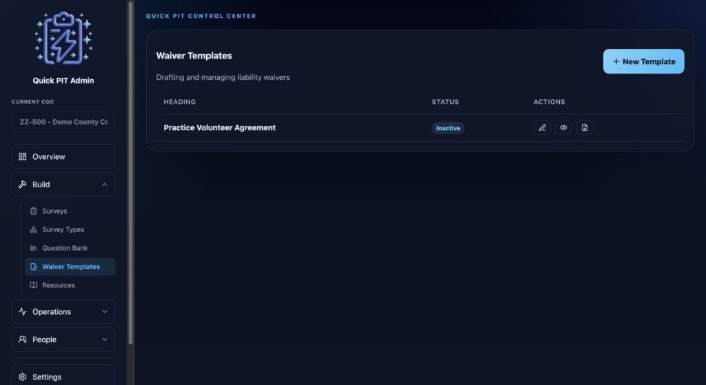 Waiver Templates with editing, preview, and PDF actions. Dark mode.