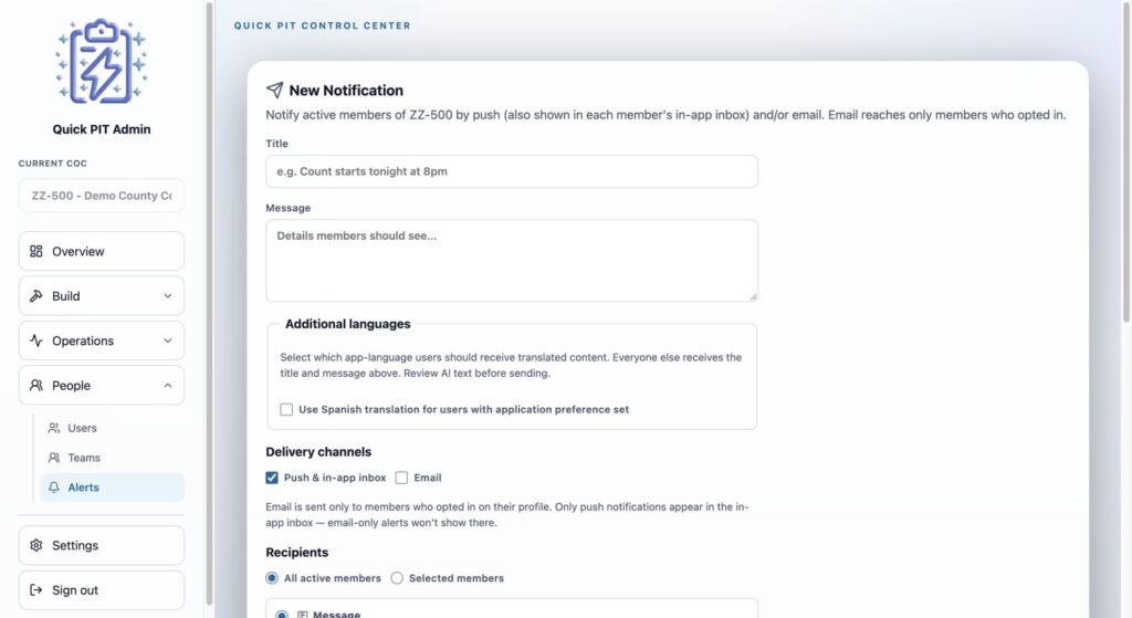 Notification composer with channels, audience, translations, scheduling, and history. Light mode.
