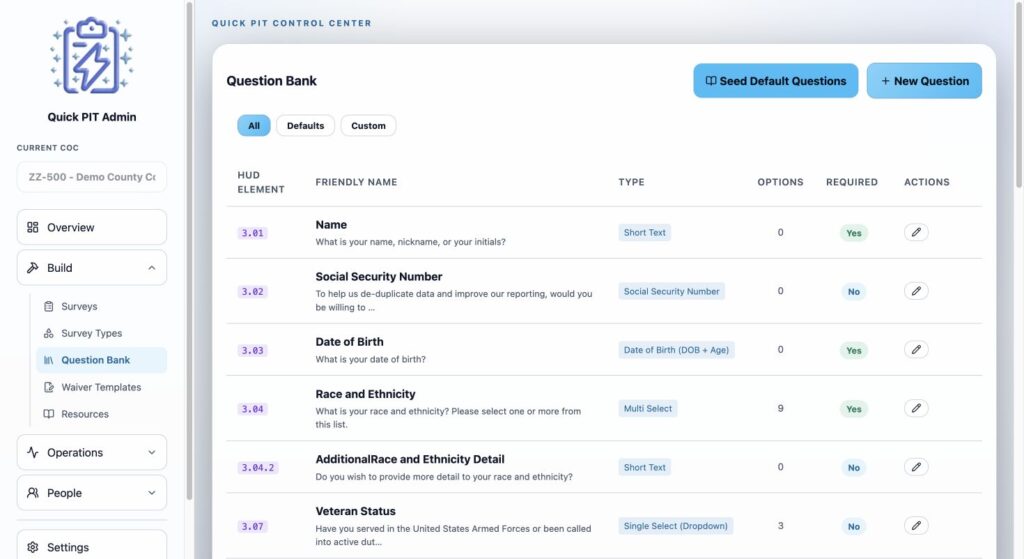 Question Bank with reusable questions and default-question review controls. Light mode.