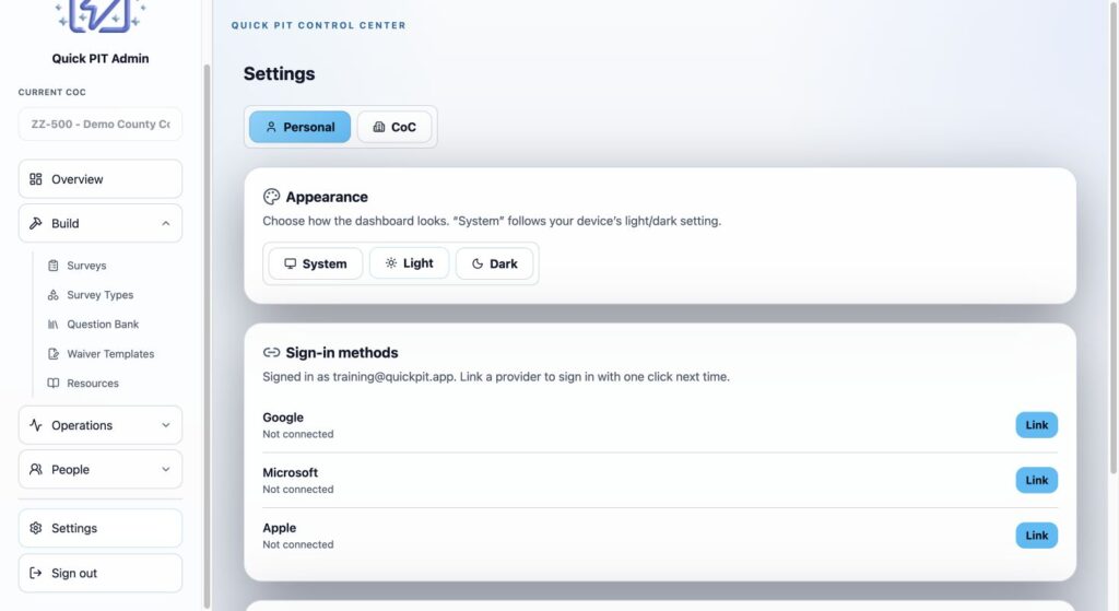 Personal appearance and account sign-in settings. Light mode.