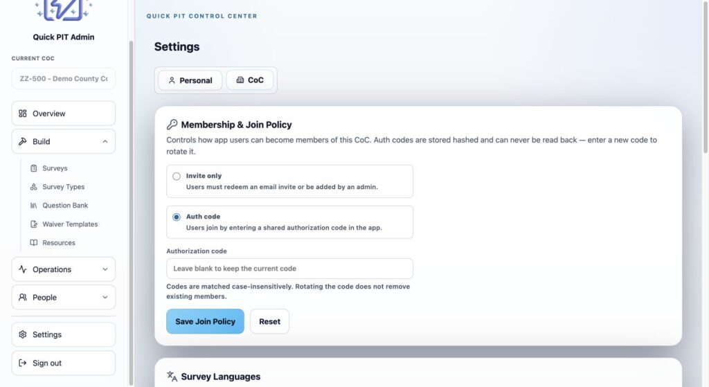 CoC settings for membership policy, survey languages, timezone, and app lock. Light mode.