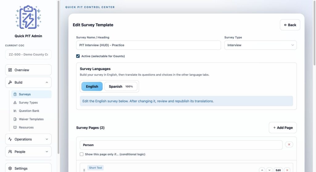 Survey builder with survey name, type, pages, questions, and Save Survey. Light mode.