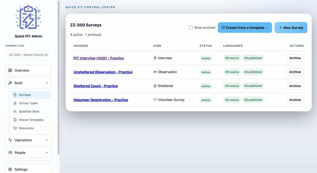 Survey list showing survey types and translation status. Light mode.