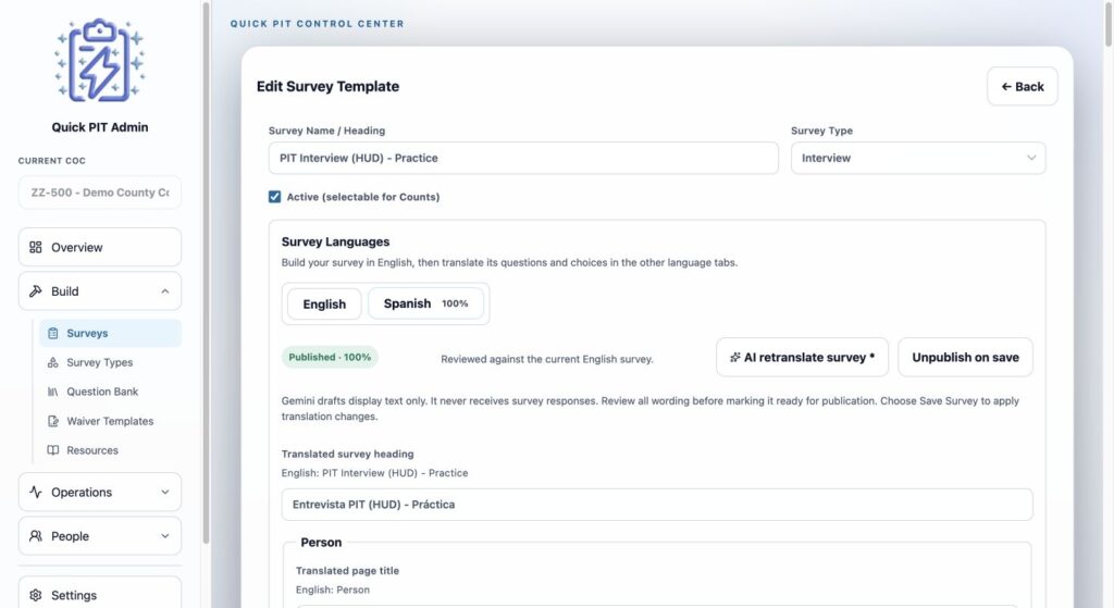 Spanish survey translation with review status and publication controls. Light mode.
