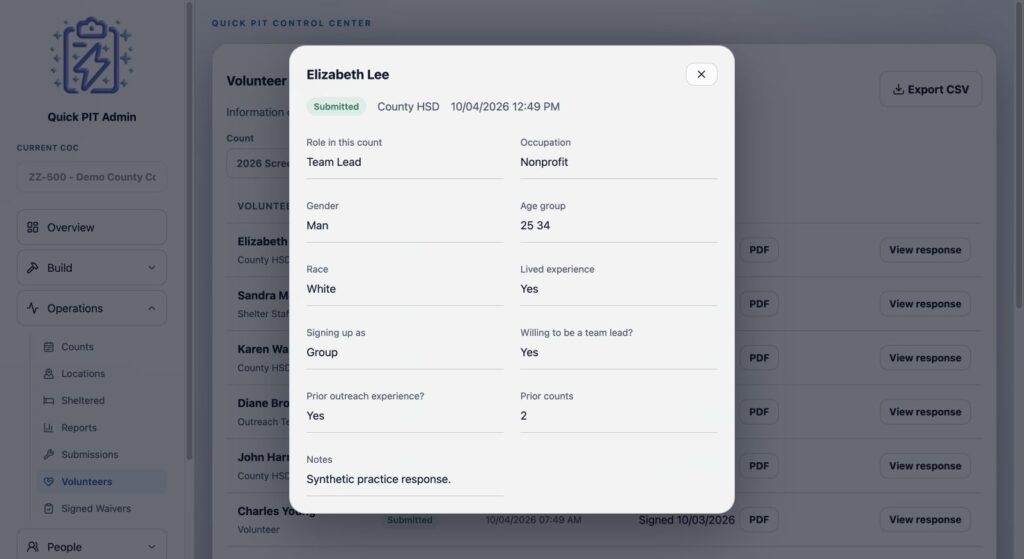 Volunteer response dialog showing complete answers. Light mode.