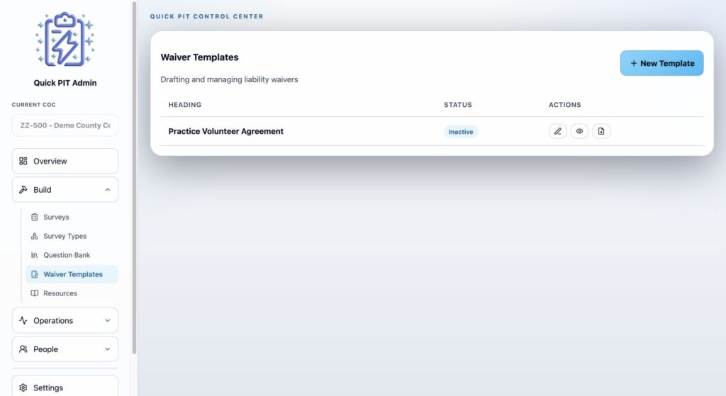 Waiver Templates with editing, preview, and PDF actions. Light mode.