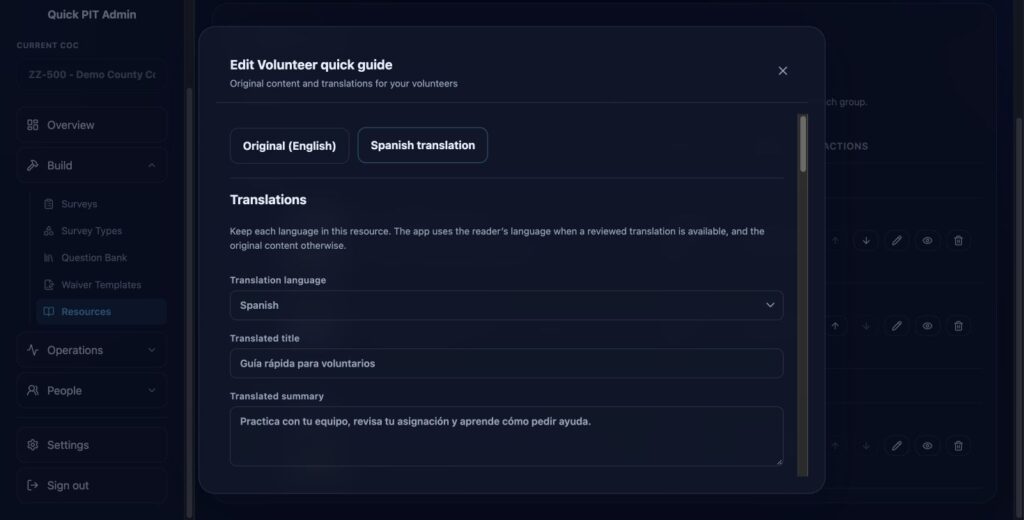 Spanish title, summary, and rich text translation within a single resource. Dark mode.