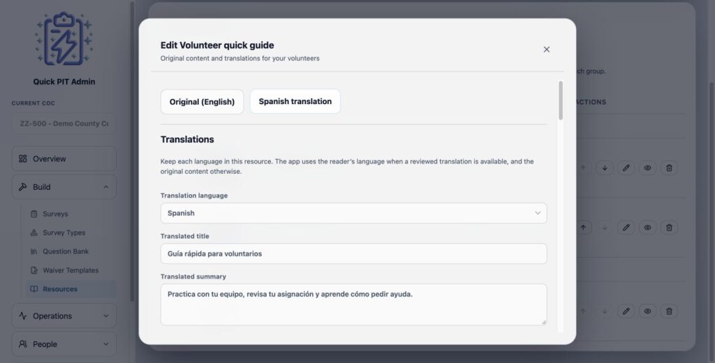 Spanish title, summary, and rich text translation within a single resource. Light mode.